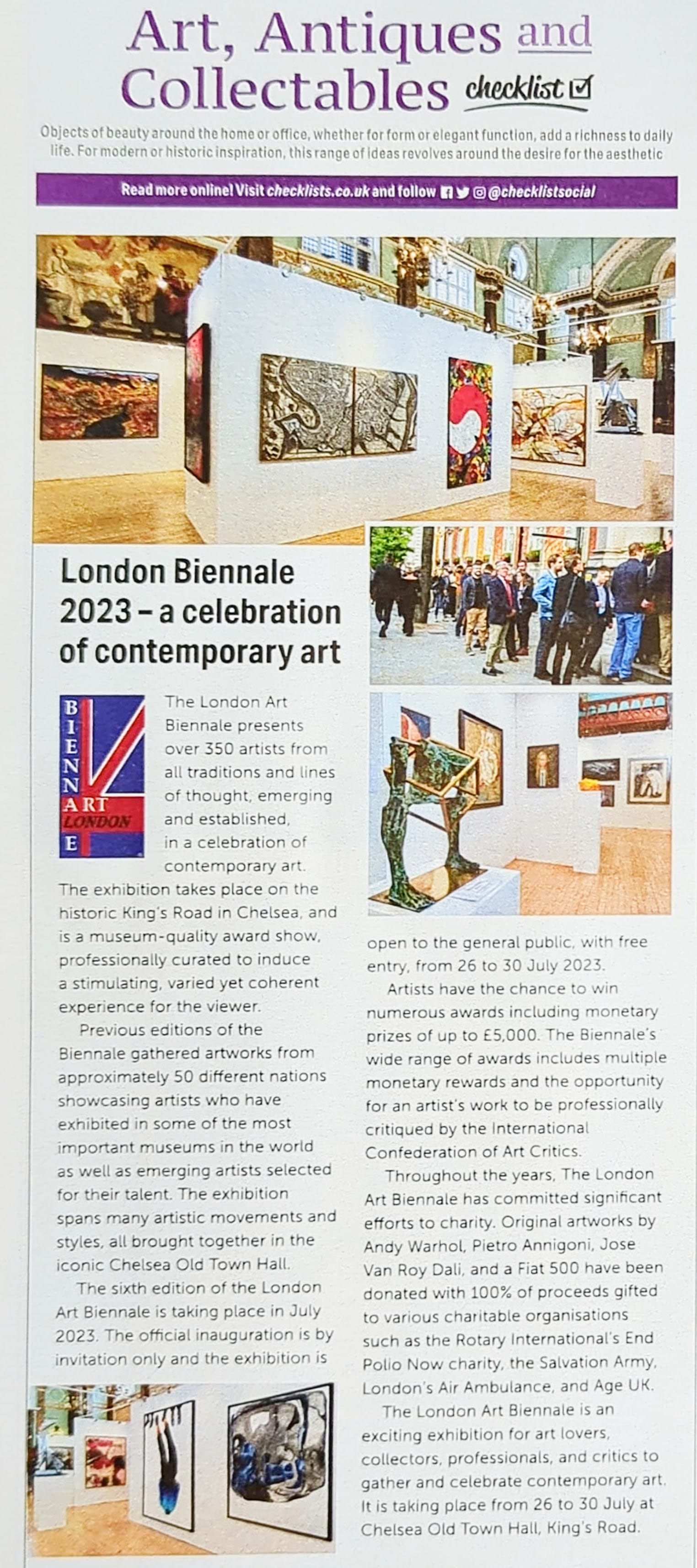 The London Art Biennale 2023 feature across the magazine page.