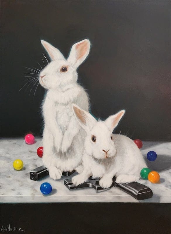 Bunnies and Guns #5 (Still Life with Bunnies, Gumballs, Handguns, and Fear) by Amy Nelder, Acrylic on canvas
