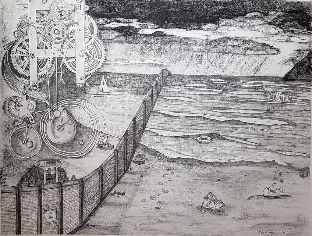 Tic tac humanity I by Anny Langer, pencil and charcoal on paper