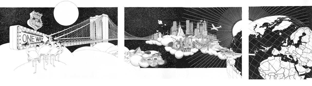 “Le Ciel”, he answered by Cely Bigando, 0.4 black gel pen on paper, Triptych, 2024
