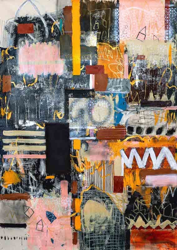 A Letter to Myself as a Child by Cristine Balarine, Acrylic paint, chalk, crayons, charcoal, pencils, Japanese golden calligraphy ink, oil sticks and pastels on raw canvas
