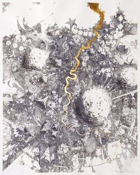 The Thames will still flow tomorrow by Eskild Beck, Ink and gold leaf on paper