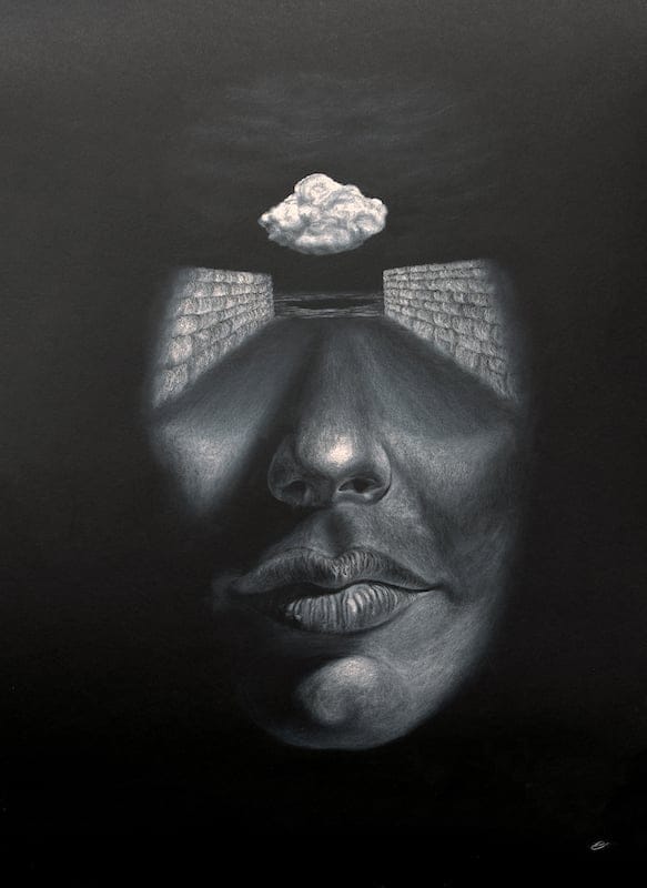 Insight by Evan Healy, White charcoal pencil on black paper