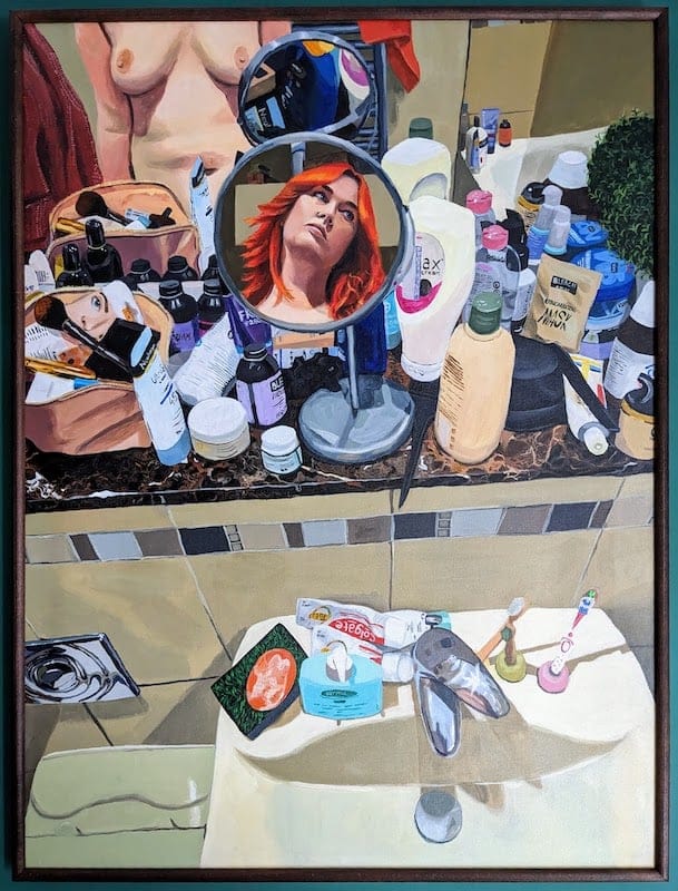 Self Portrait With Bathroom Clutter by Flo Perry, Acrylic on canvas