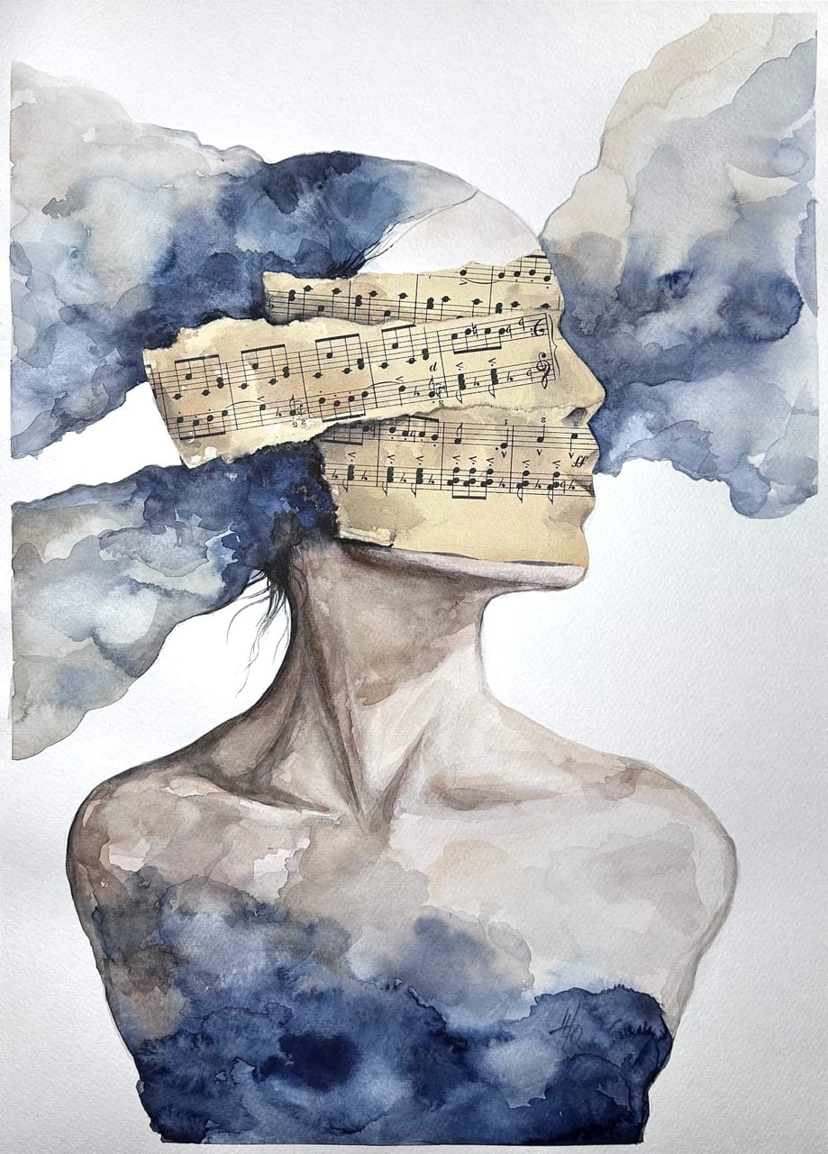 Immersion by Julia Shilo, Mixed media /collage, watercolour, charcoal/ on paper, 2024