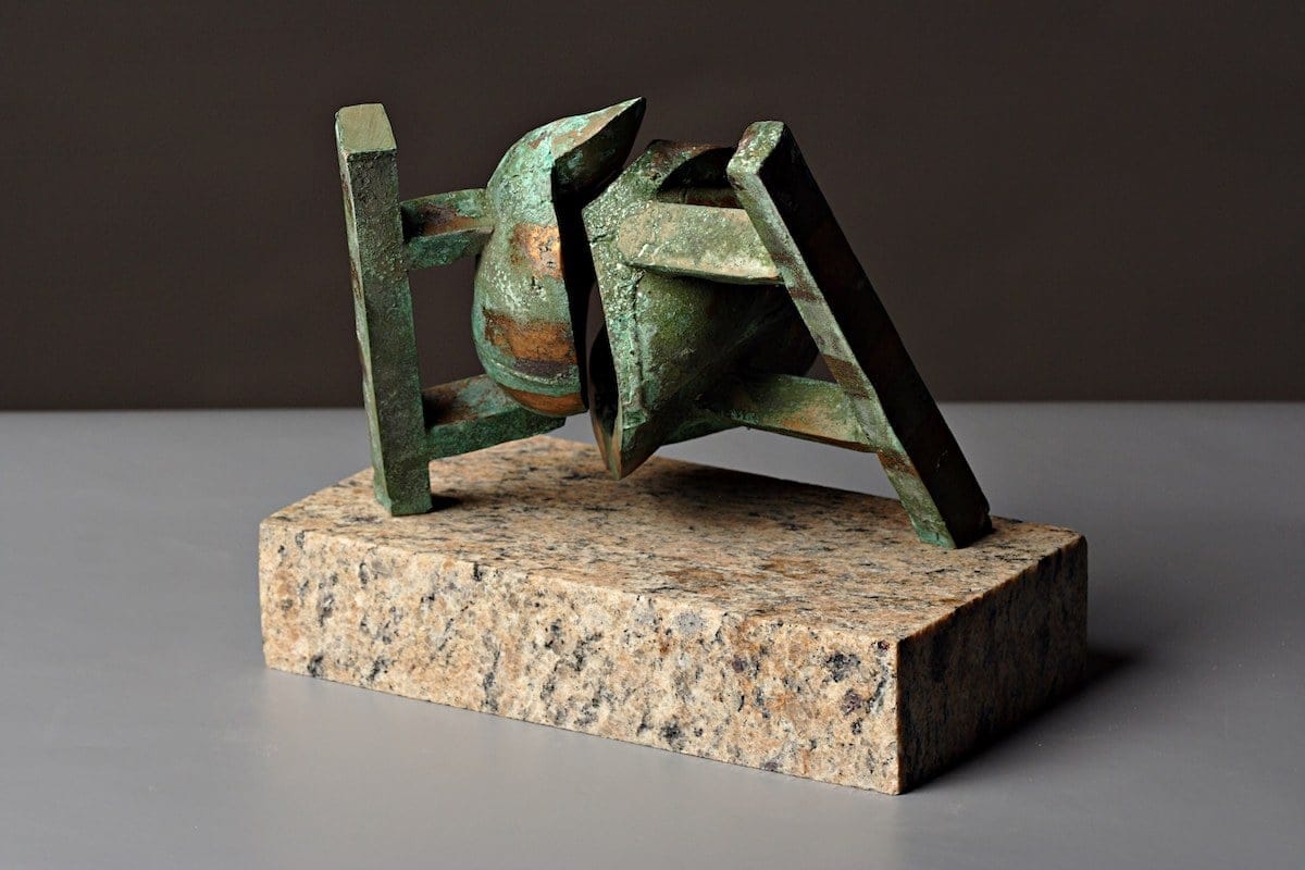 Mechanical Ouster by Kristaps Strauts, Cast bronze, green patina, granite, transparent varnish