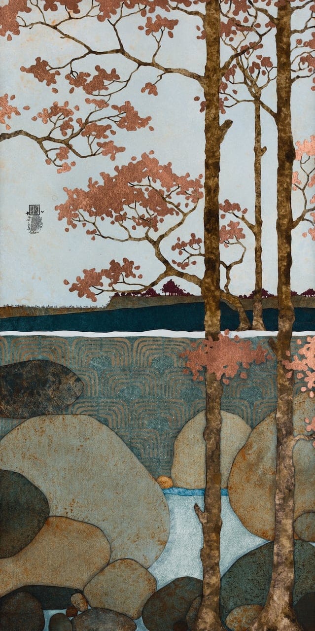 Juste se poser sur un caillou du chaos et contempler toute cette beauté se fondre en elle… by Lalou Kraffe, Acrylic on board, 2024