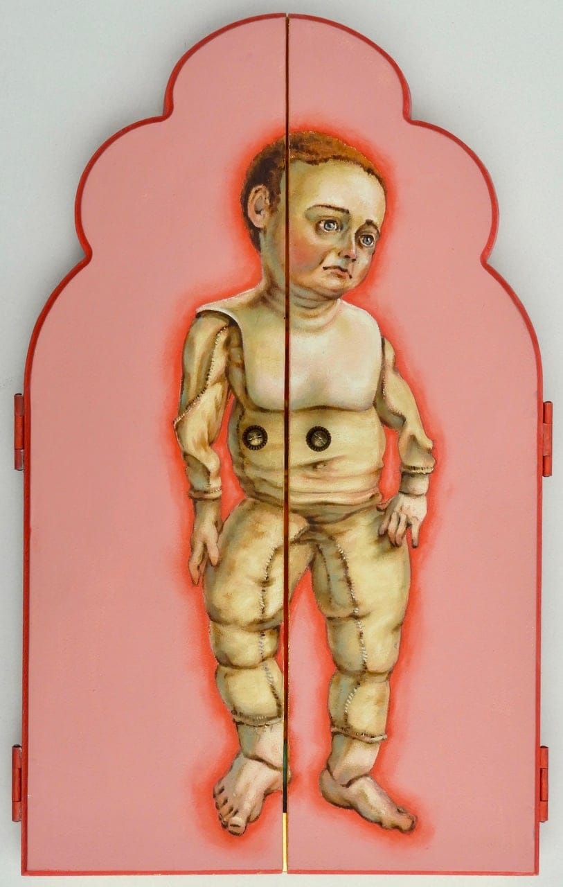 whatever happened to humanity and understanding by Laurence O’Toole, Oil and 23kt gold leaf on wood – opening triptych, 2025