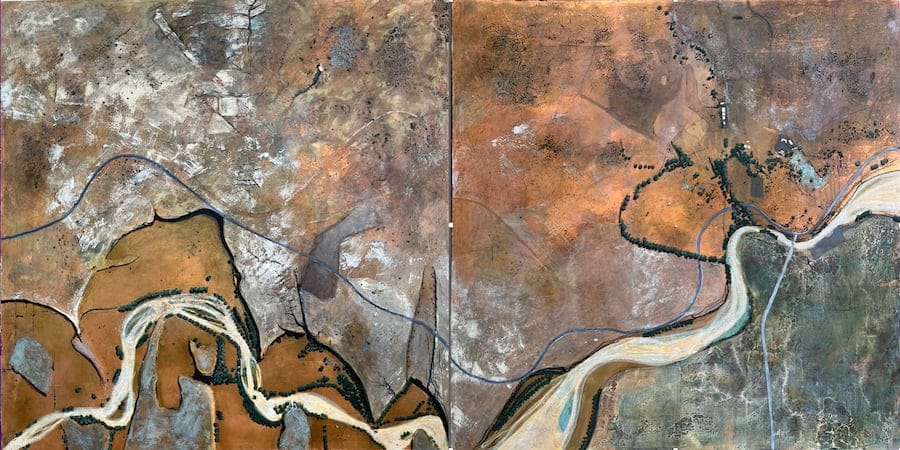 Googled Earth Diptych by Lydia Bauman, Mixed media on board