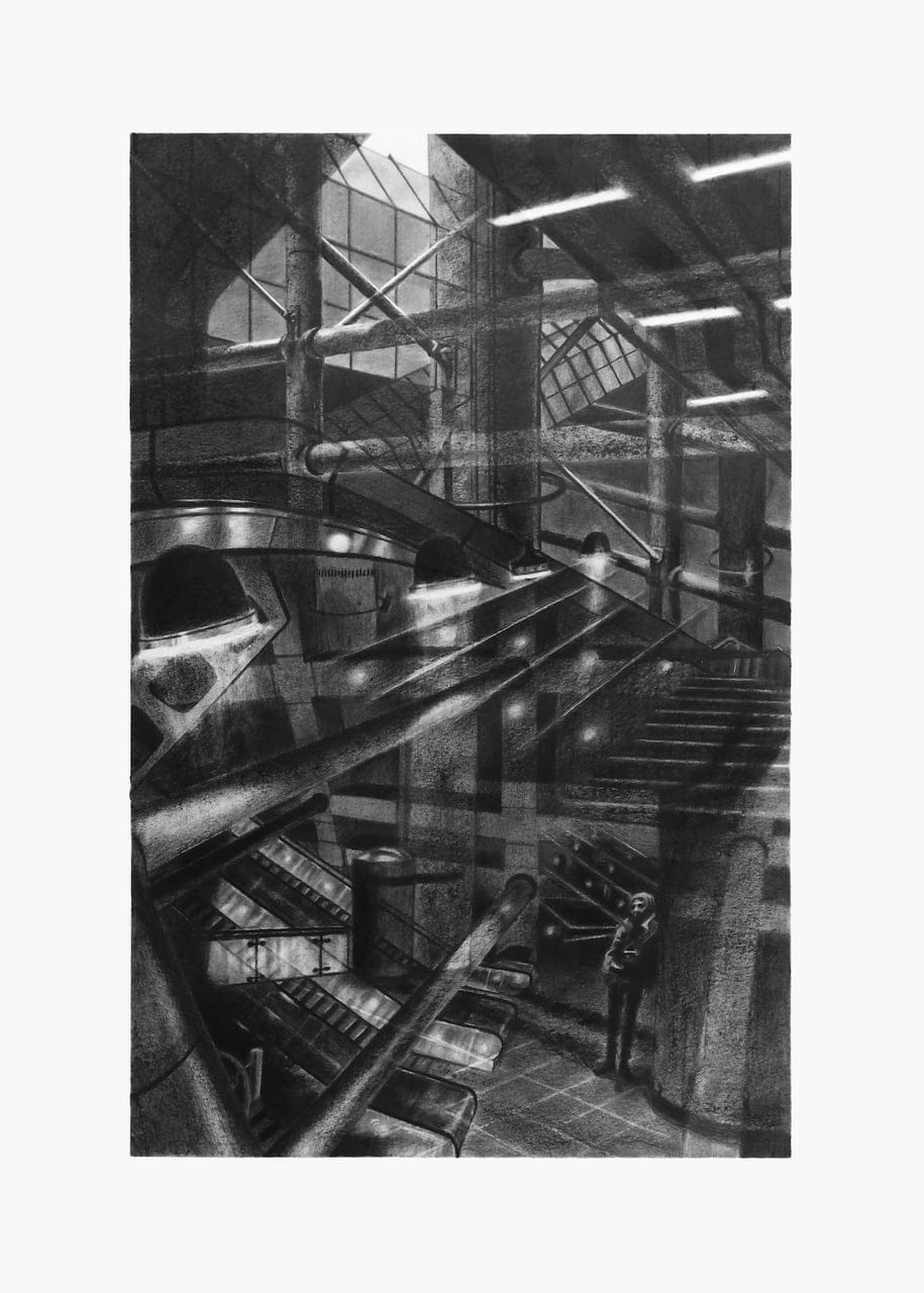 Gio, where are you? (Westminster Underground Station) by Marco Venturini, Graphite on paper, 2021