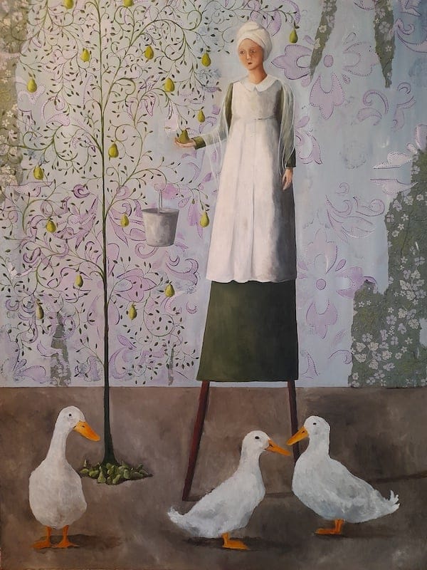 Three Aylsbury Ducks and a Pear Tree by Mary St: Leger, Oil on board