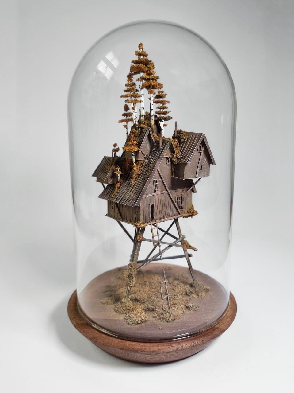 Birch grove by Michael Davydov, Mixed media sculpture, Cardboard figure on wooden stand, under glass dome, 2025