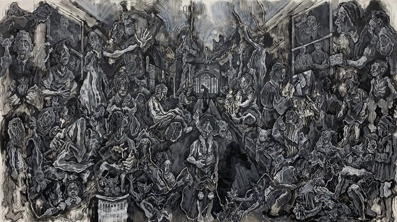 Life in the Backstage by NAJA, acrylics and charcoal on paper