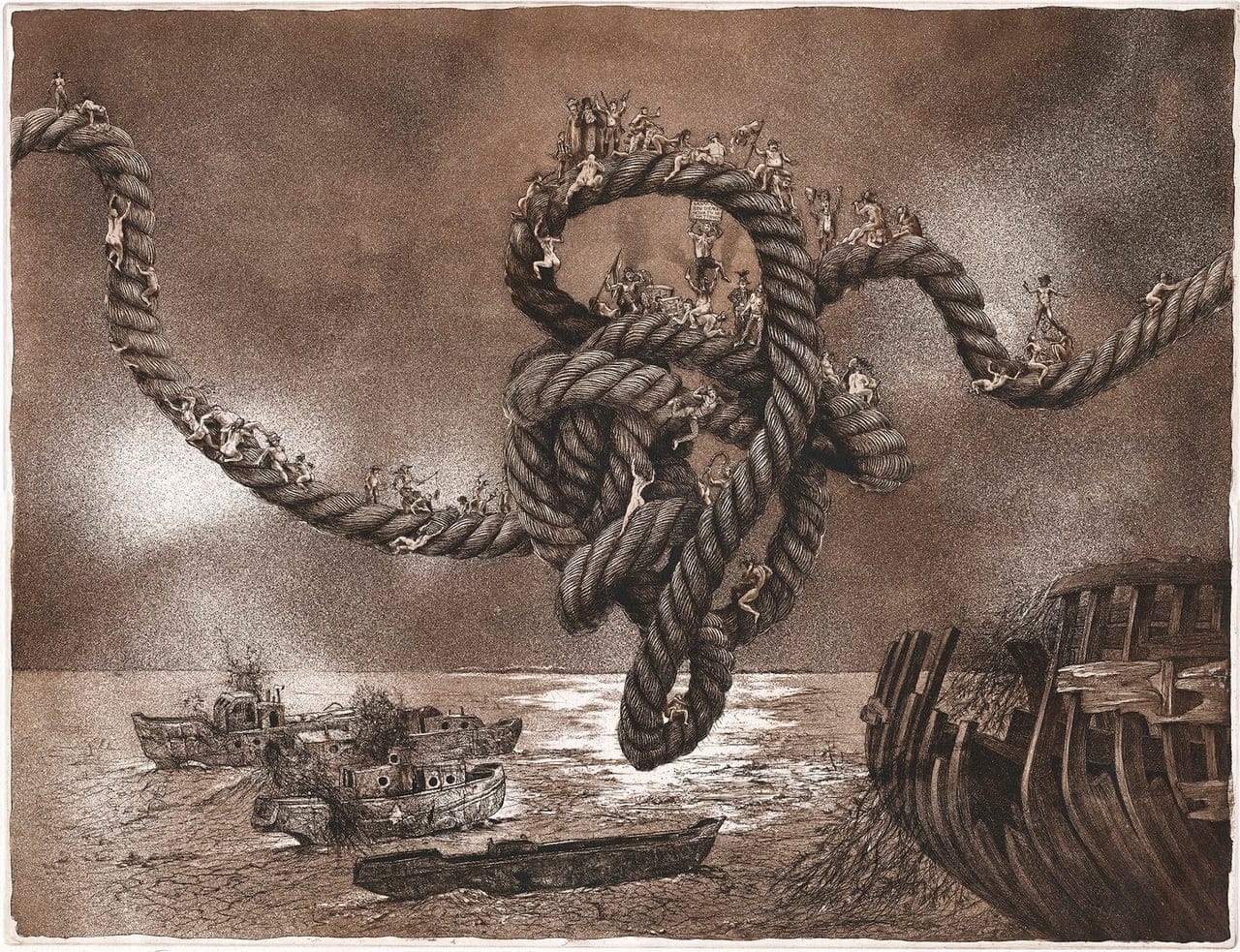 SHIP OF FOOLS II After Sebastian Brandt by Onnik, Etching on paper, 2023