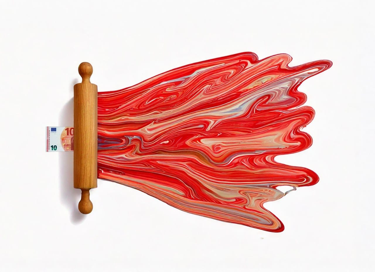 Chromatic Transvaluation by Rafael TRIANA, Mixed media installation – wood pizza roller, banknotes and coins, acrylic ink, epoxy resin, MDF base, 2025
