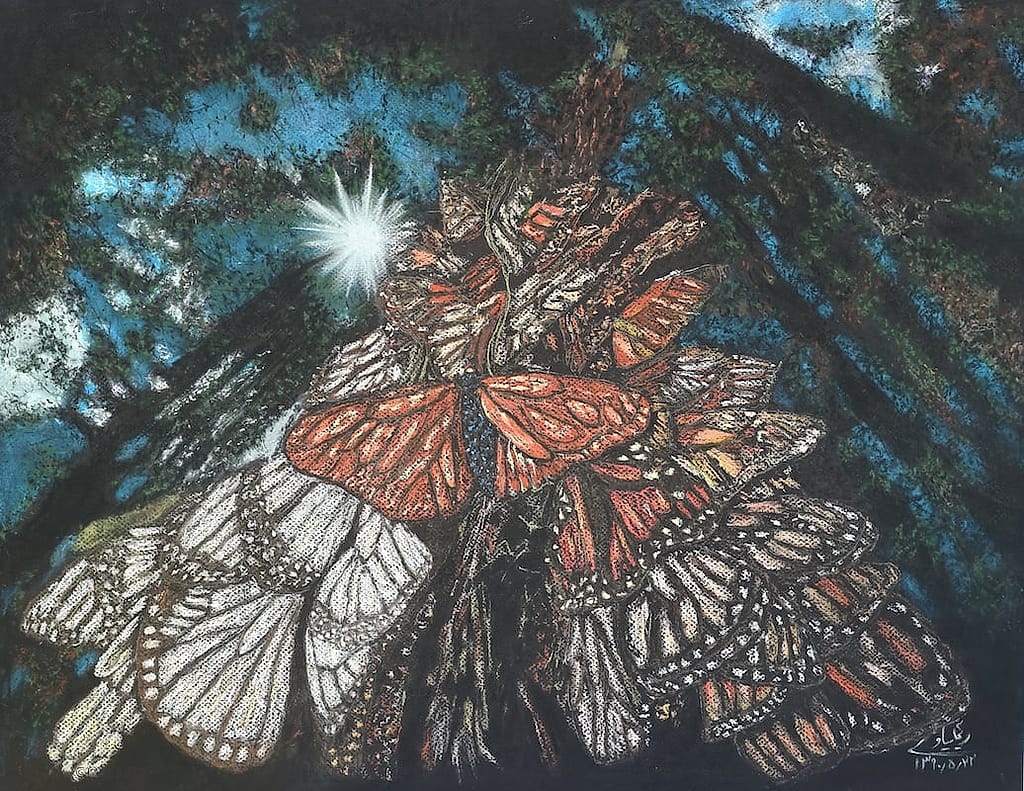 The Butterfly by Reihaneh Siavoshi, Mixed media on paper soft pastel and oil pastel