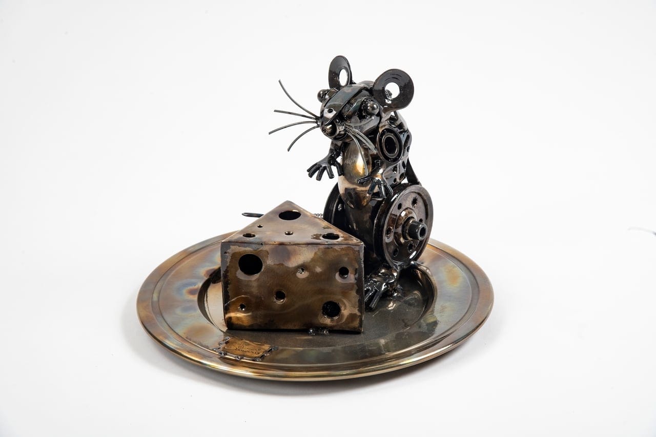 Mouse With Cheese by Simon Saronni, mixed metals welded and heated with an oxyhydrogen flame, 2024