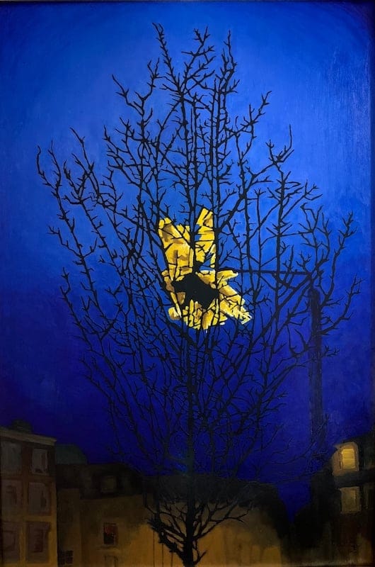 plastic wrap in tree by Thekla Bollinger, Oil on board