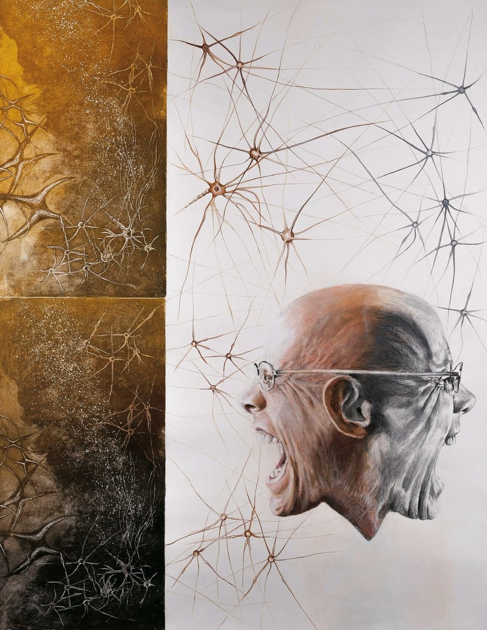 Dipole by Vivian Chalkidi, Combined methods of printmaking: intaglio engraving, lift ground, collagraph and painting: ink, coloured pencils, acrylics and graphite