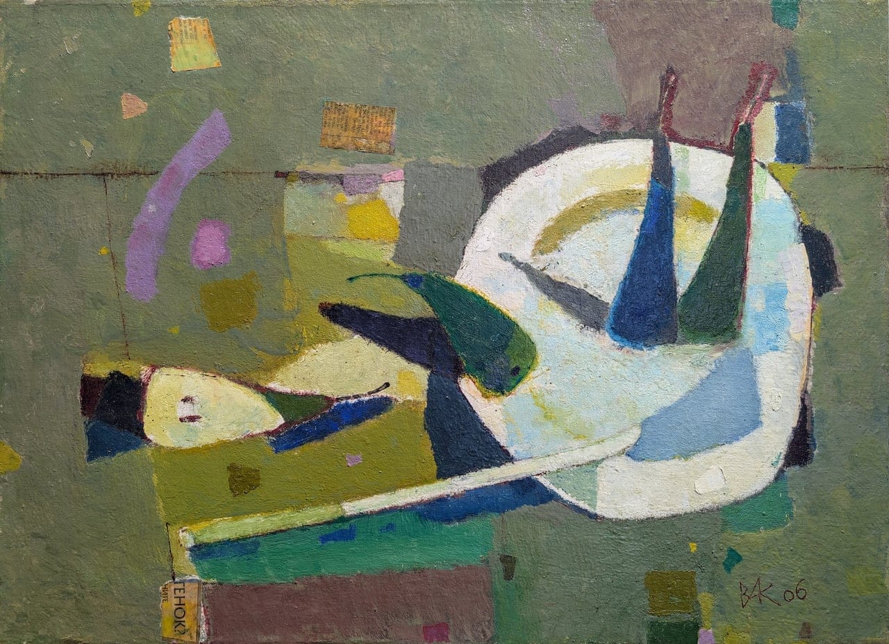 Pears On White Plate by Vladimir A. Karnachev, Oil on canvas, 2006