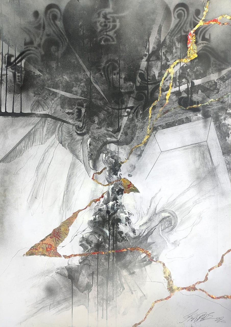 ACHERON by Yiannis Kalyvis (Devoidness), Mixed media on paper (acrylic, graphite, ink, spray paint, gold leaf), 2022